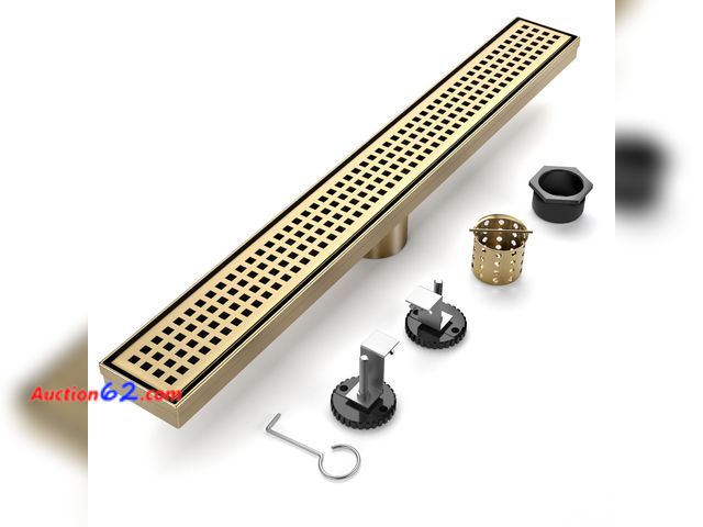 Lot 44-2745w - $79.99 Retail price - 32-Inch Brushed Gold Linear Shower Drain, 304 Stainless Steel Long Linear Drain with Quadrato Pattern Grate, Rectangle...