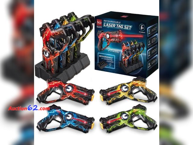 Lot 44-7402p - Set of 4 Laser Tag Blasters rechargeable infrared Lazer Tag Set &amp; docking station, no vest needed, Red/Yellow/Blue/Green  Appears New, A...