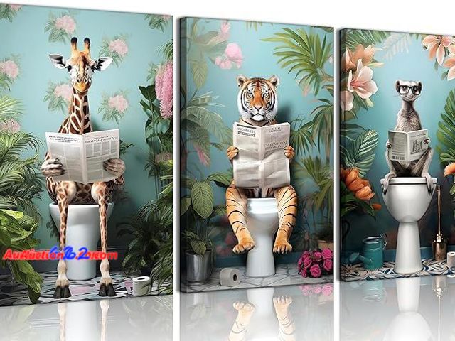 Lot 44-9028f - 3Pcs Funny Animal Bathroom Canvas Wall Art 12x16inx3pcs Appears New, A basic inspection has been given to this item. Sold AS-IS.