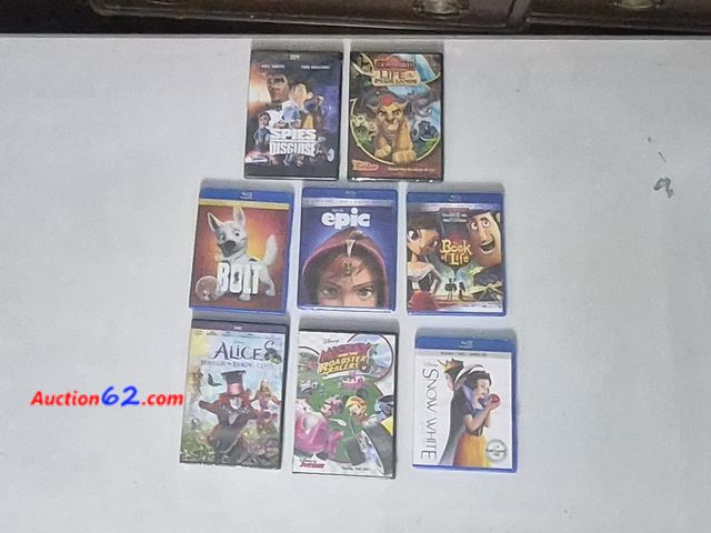 Lot 44-3001o - Lot of 8 Blu-Ray and DVD Movies in Sealed Packages - Disney Snow White, The Book of Life, Epic, Mickey and The Roadster Racers, Bolt, Alice ...