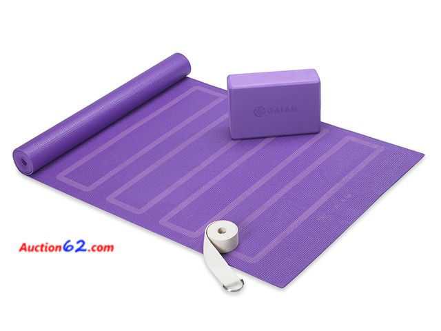 Lot 44-1747j - Gaiam Beginner's Yoga Starter Kit Set (Yoga Mat, Yoga Block, Yoga Strap) - Light 4mm Thick Printed Non-Slip Exercise Mat for Everyday Yoga -...