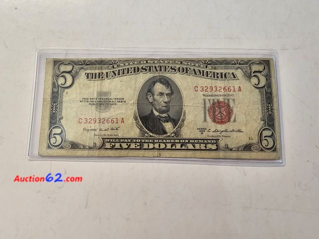 Lot 44-8320r - 1953 B SERIES $5 RED SEAL NOTE LEGAL TENDER. CIRCULATED. FROM THE GOOD OLD DAYS WHEN MONEY SAID "LEGAL TENDER FOR ALL DEBTS, PUBLIC AND PRIV...