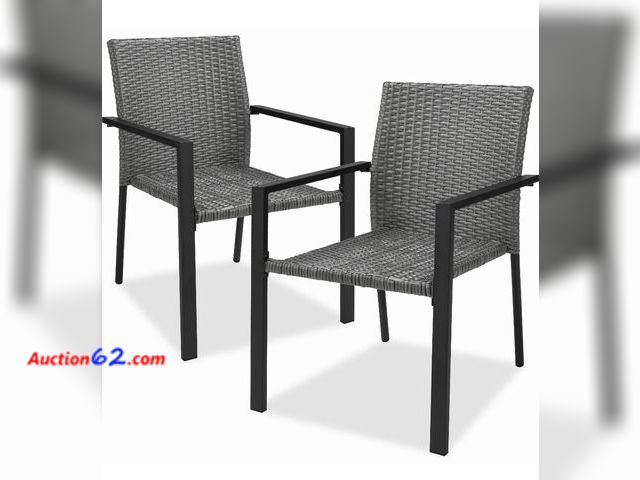 Lot 44-7499f - Set of 2 stackable Wicker chairs w/armrests, steel accent furniture  E-Commerce Return, A basic inspection has been given to this item. Sold...