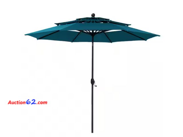 Lot 44-929w - Retail value $146- 10 ft. 3-Tier Patio Market Umbrella AutoTilt and Crank in Lyons Blue Appears New, A basic inspection has been given to th...
