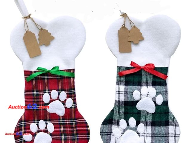 Lot 44-6516w - 2 Pack Large Plaid Bone-Shaped Christmas Stockings for Pets (16x9 inches) Appears New, A basic inspection has been given to this item. Sold ...