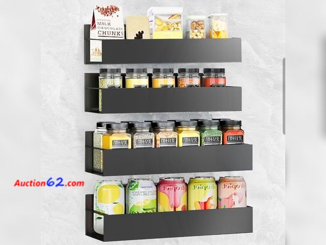 Lot 44-7149x - Spice rack wall mount:  4 packs oversize pantry organization and storage rack without drilling 11.8 inch black large lighted adhesive hangin...