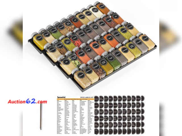 Lot 44-805 - SpaceAid Spice Drawer Organizer with 40 Spice Jars, 386 Spice Labels, 4 Tier Seasoning Rack Tray Insert for Kitchen Drawers, 18.5" Wide x 17...