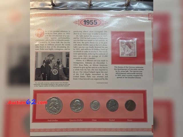 Lot 44-8324p - US COINS OF 1955 COMMEMORATIVE PAGE! COMES WITH A 1955-P 90% FRANKLIN HALF DOLLAR, 1955-P 90% SILVER WASHINGTON QUARTER, 1955-D 90% SILVER R...