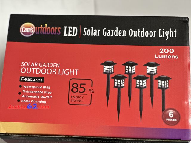 Lot 44-6149j - cams outdoors 6 pc solar garden outdoor light new. 200 lumens. Opened for pictures. See All Photo's Never opened, Factory Sealed