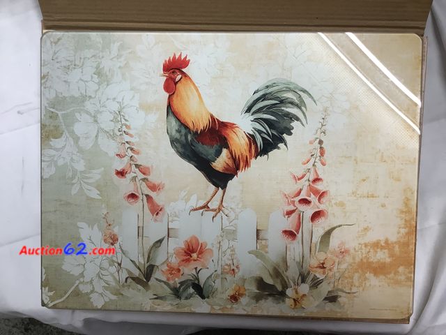 Lot 44-6070e - Rooster on the fence, Tempered Glass Cutting Board, Appears New, A basic inspection has been given to this item. Sold AS-IS. See All Photo's...