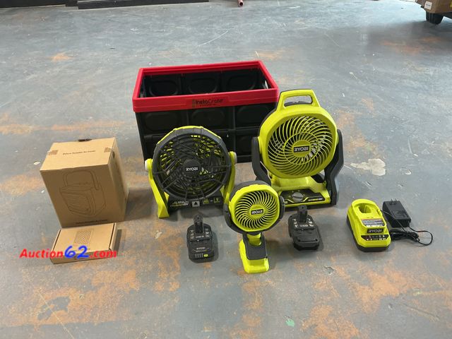 Lot 44-02w - Mix lot of Ryobi Fans- 2 Batteries, Only (2) Battery working- All Fans working E-Commerce Return, A basic inspection has been given to this ...