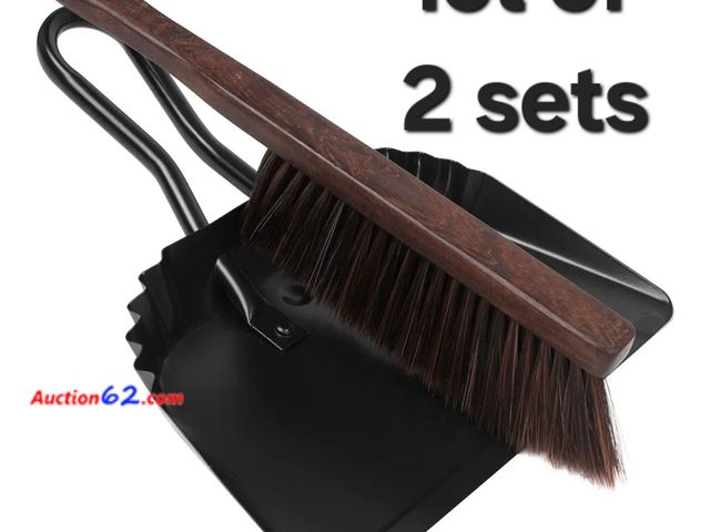 Lot 44-6751g - 2 Metal Dust Pan Cleaning Brush Handheld Dust Pan and 2 Wood Handle Hand Brooms Appears New