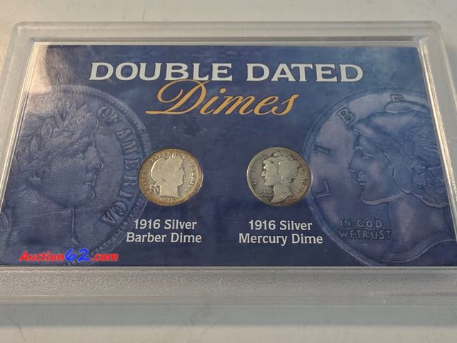 Lot 44-8313g - "DOUBLE DATED DIMES" COMMEMORATIVE SET. CONTAINS ONE (1) 1916-P 90% SILVER BARBER DIME AND ONE (1) 1916-P 90% SILVER MERCURY DIME. COMES IN ...