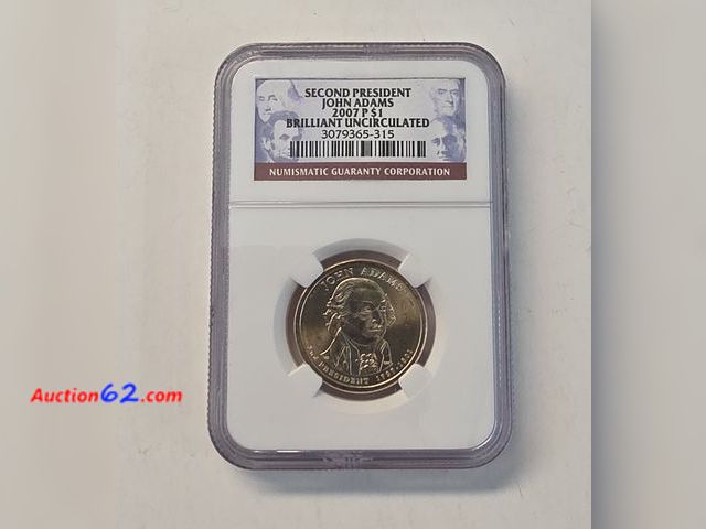 Lot 44-8336p - 2007 P 2ND PRESIDENT JOHN ADAMS DOLLAR GRADED BRILLIANT UNCIRCULATED BY NGC. MINTED IN PHILADELPHIA.-NT