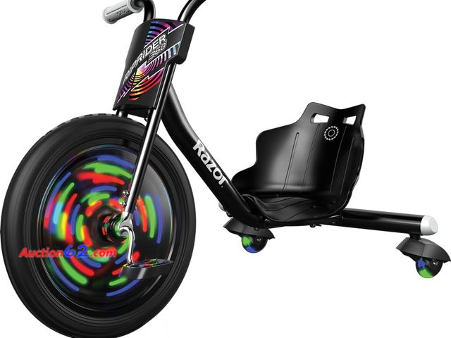 Lot 44-621j - $142.09 Retail price - Razor RipRider 360 Lightshow Black Trike with Rear Casters and with Motion-Activated Multi-Color Lights, 3 Wheeled Dr...