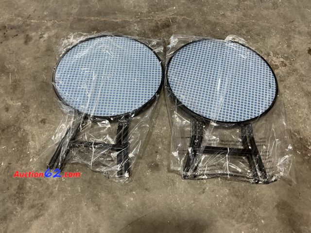 Lot 44-107j - Glass Round Printed Folding Outdoor Portable Side Table Blue/White/Black - Room Essentials™ Appears New, A basic inspection has been given t...
