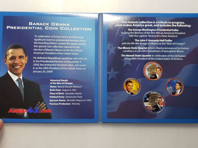 Lot 44-8329q - BARACK OBAMA PRESIDENTIAL 4 COLORIZED COIN COLLECTION W/PRESIDENTIAL DOLLAR, KENNEDY HALF DOLLAR, HAWAII STATE QUARTER AND ILLINOIS STATE QU...