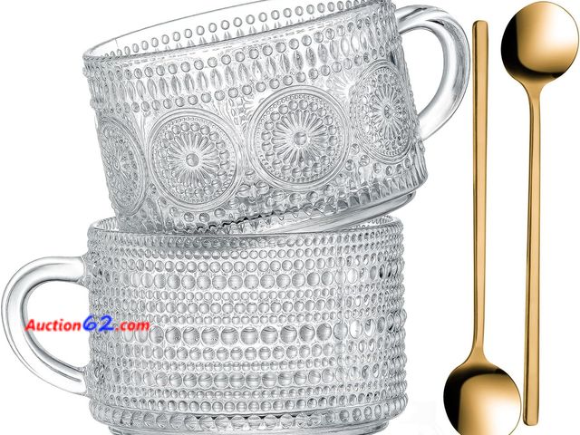 Lot 44-3071q - Oliver &amp; Company Vintage Glass Coffee Mugs 14 Oz Set of 2 Clear Embossed Cups, Glass Coffee Cups for Cappuccino, Latte, Cereal, Yogurt, ...