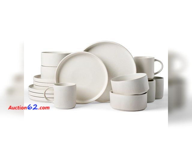 Lot 44-1709o - $109.99 Retail price - Famiware Star Dinnerware Set with Mugs, Service for 4 (16pcs), Ribbed Stoneware Plates and Bowls Dishes Sets - Chip &...