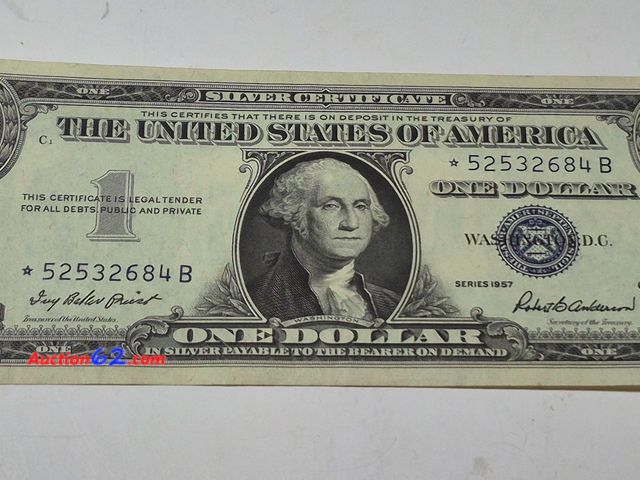 Lot 44-8319j - 1957 SERIES $1 SILVER CERTIFICATE STAR NOTE. UNCIRCULATED. A STAR NOTE IS A REPLACEMENT NOTE FOR WHERE AN ERROR OCCURRED IN THE PRINTING. FR...