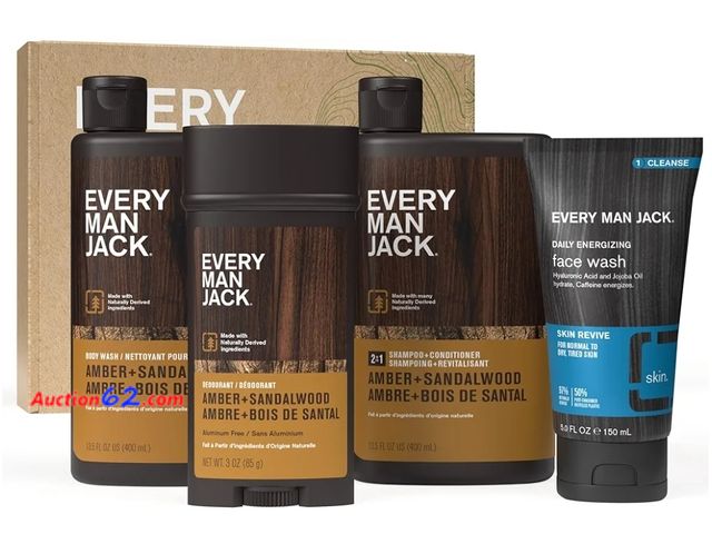 Lot 44-6677b - Every Man Jack Men’s Amber + Sandalwood Bath and Body Gift Set - Clean Ingredients &amp; Sandalwood, Amber, and Vetiver scent - Round Out Hi...