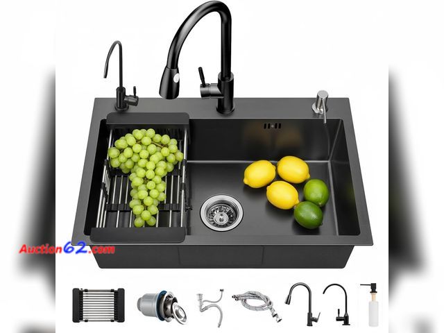 Lot 44-1814a - $195 Retail price - FGNIXLN Drop In Kitchen Sink with Faucet Combo18 Gauge Stainless Steel Single Bowl Kitchen Sink Large Deep Round Corner ...