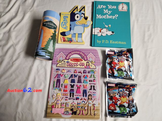 Lot 44-2340b - Child's activity group. 2-Marvel collector bag clips. Ages 4+. Are you my mother book. All about Bluey book. Melissa and Doug Puffy sticker ...