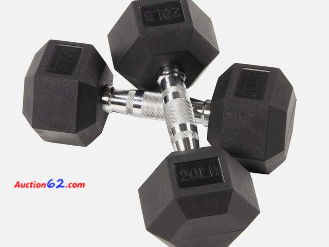 Lot 44-143w - CQ Wellness Rubber Encased Hex Dumbbell in Pair- 20 Ibs Each  Appears New, A basic inspection has been given to this item. Sold AS-IS.