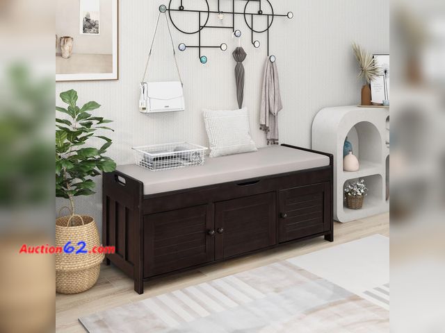 Lot 44-60z - Multifunctional Shoe Bench with Removable Cushion 3 Shutter-Shaped Doors Large Storage Space Entrywa...