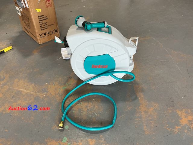Lot 44-797w - $92.96 Retail price - ENEACRO Retractable Garden Hose Reel with Wall Mount 1/2"×100ft with 10 Pattern Hose Nozzle, Brass Connector, Auto Rew...