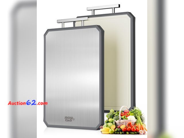 Lot 44-1506o - SNOWCLAD Stainless Steel Cutting Board,Double Sided Steel Bread Boards for kitchen,Stainless Steel/Wheat straw pp Large Board for meat,non t...