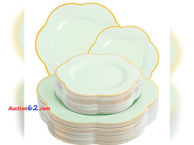 Lot 44-338 - Liacere 50PCS Sage Green Plates - Heavy Duty Green Disposable Plates - Green and Gold Plastic Plates Include 25PCS Green Dinner Plates, 25PC...