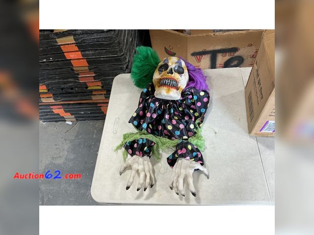 Lot 44-1168i - Halloween Animated Hanging Clown Decoration - Skull Face, Sound Activated Dirty Used Not Tested E-Commerce Return, A basic inspection has be...