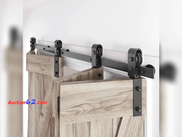 Lot 44-1808w - $129.99 Retail price - Roymelo 76" Bifold Sliding Barn Door Hardware Track Kit,Side Mounted Black J Shape Roller,Smoothly and Quietly,Assemb...