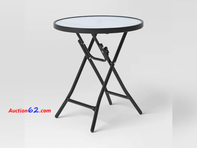 Lot 44-163i - Glass Round Printed Folding Outdoor Portable Side Table Blue/White/Black - Room Essentials™ Appears New, A basic inspection has been given t...
