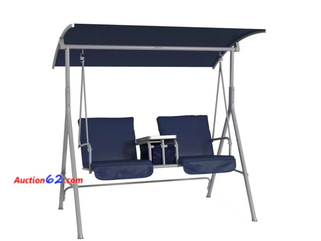 Lot 44-25g - Retail value $168- 2-Person Metal Patio Swing with Canopy, Table, 2 Cup Holders Navy Blue Cushions Appears New, A basic inspection has been ...
