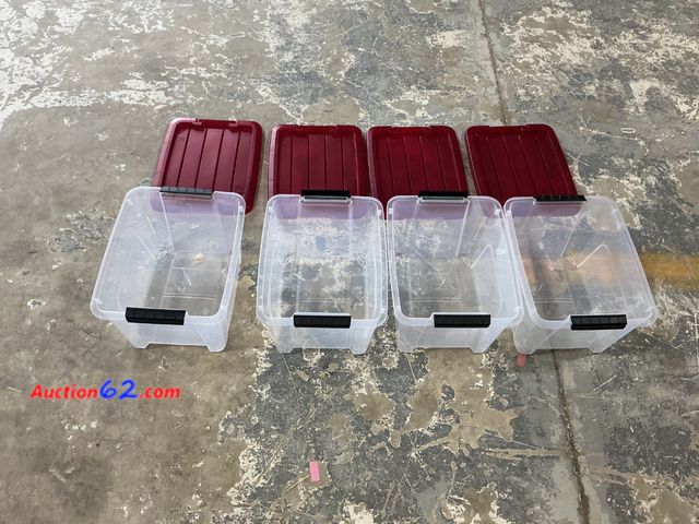 Lot 44-1197j - 4 Clear Plastic Storage Bins with Red Lids Appears New, A basic inspection has been given to this item. Sold AS-IS.