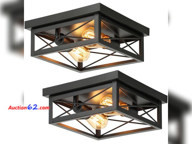 Lot 44-414o - Kondras 2-Light Industrial Square Flush Mount Ceiling Light, Farmhouse Ceiling Light Fixture for Kitchen, Modern Black Close to Ceiling Ligh...