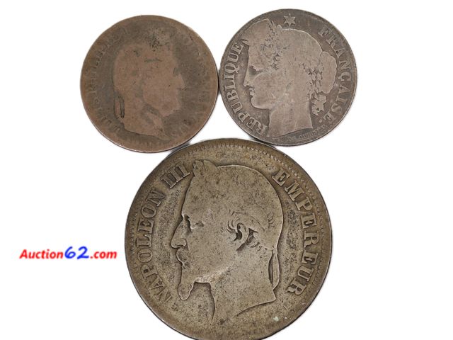 Lot 44-8329m - THREE (3) VERY OLD SILVER FRENCH COINS - 1866 NAPOLEON III 2 FRANC, 1845 HALF FRANC AND 1881 50 CENT COIN. APPROX 0.4 TROY OUNCES OF SILVER-...