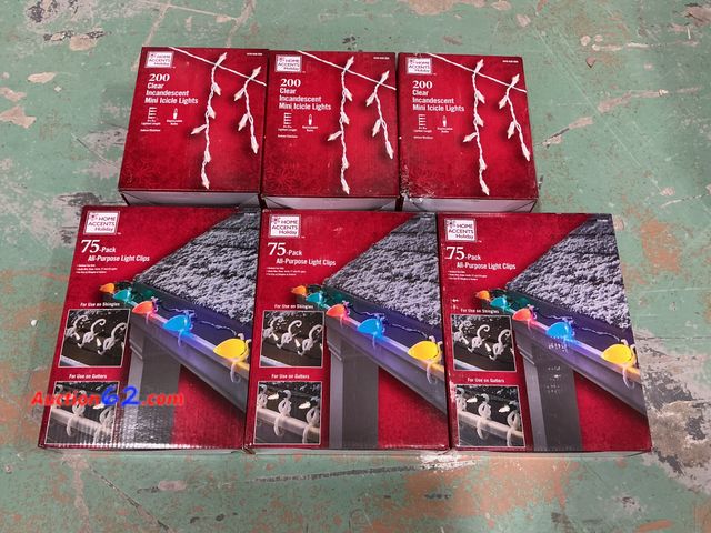 Lot 44-4010w - Mix lot of (3 Boxes) 200 Clear Incandescent Mini Icicle Lights &amp; (3 Boxes) 75-Pack All-Purpose Light Clips Appears New, A basic inspecti...
