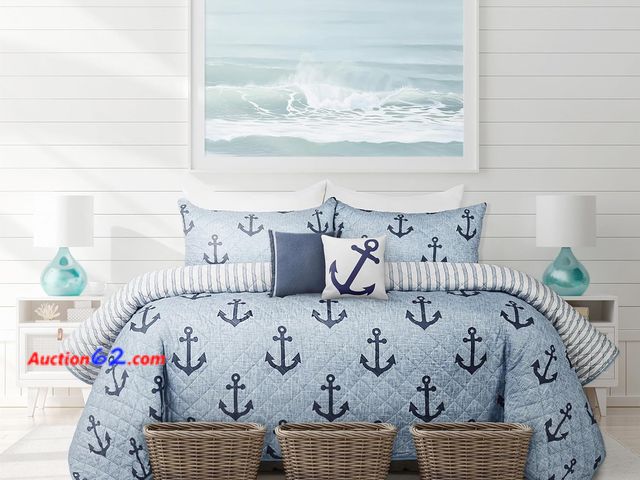 Lot 44-5503j - Safdie &amp; Co. Quilt for King Bed Blue Anchors Bedspreads Soft Bed Summer Quilt Lightweight Microfiber Bedspread-Modern Style Pattern Cove...