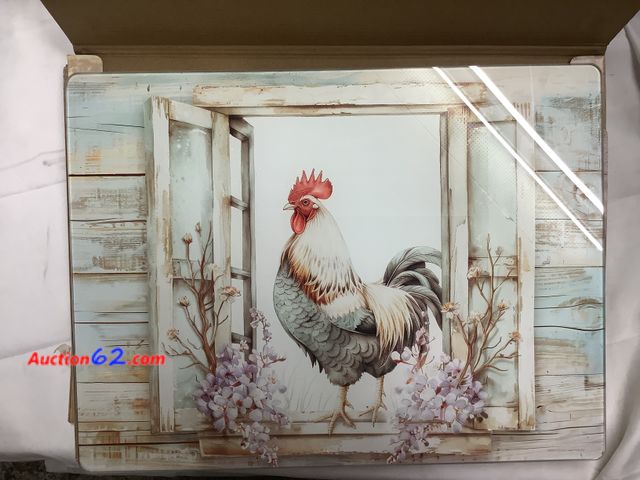 Lot 44-6000e - Rooster sitting in a barn window, Tempered Glass Cutting Board, Appears New, A basic inspection has been given to this item. Sold AS-IS. See...