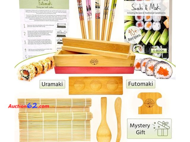Lot 44-6872b - GROW YOUR PANTRY Sushi Making Kit With 2 Bamboo Sushi Rolling Mat, Rice Shaping Tool, Maki Maker, Maki Shaper, Condiment Tray, Chopsticks, a...