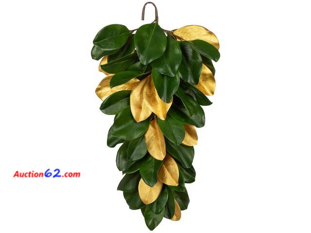 Lot 44-9206 - Retail of $32-Christmas Gold Leaf Holiday Teardrop Swag – 27" Artificial Magnolia Greenery Hanging Decoration – Elegant Front Door &amp; Fir...