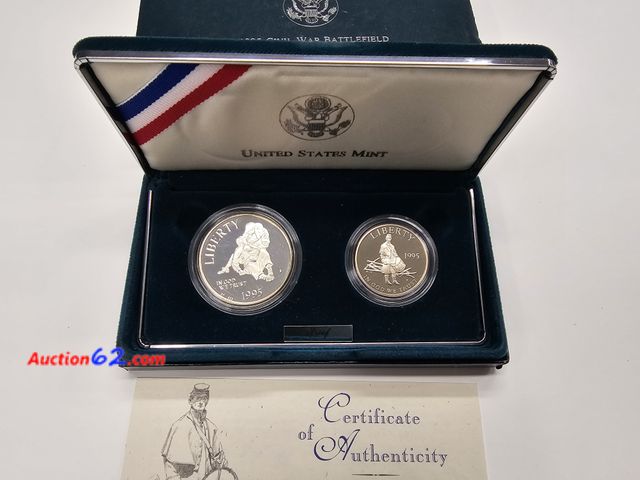 Lot 44-8361f - TWO COMMEMORATIVE COIN SET W/1995 P CIVIL WAR 90% SILVER DOLLAR PROOF AND 1995 S CIVIL WAR CLAD HALF DOLLAR PROOF. COMES W/SPEC SHEET, DESIG...