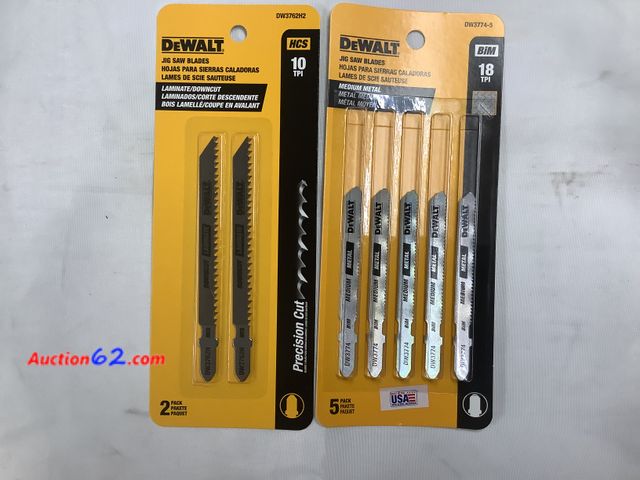 Lot 44-6116e - 1 Package of 2 DeWalt  Jig Saw Blades, Laminate/Downcut Blades HCS 10 TPI, &amp;
1 Package of 5 Jig Saw Blades, MEDIEM Metal Blades BIM 18 T...