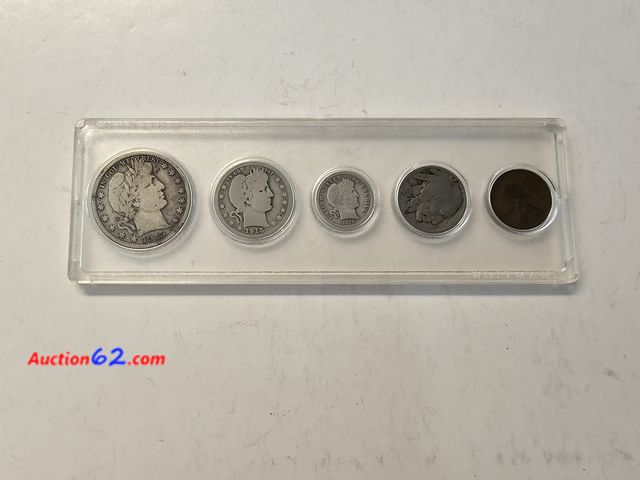 Lot 44-8323q - 1915 YEAR SET WITH BARBER 90% SILVER HALF DOLLAR, BARBER 90% SILVER QUARTER, BARBER 90% SILVER DIME, BUFFALO NICKEL AND WHEAT CENT.-NT