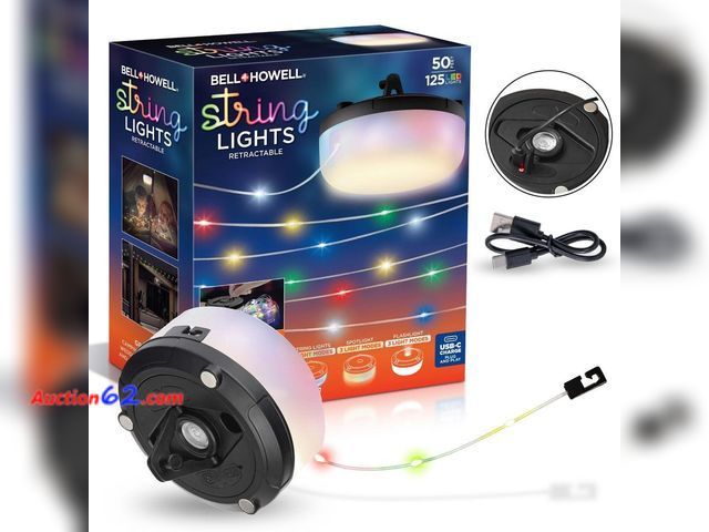 Lot 44-611i - Bell + Howell 50 Ft Retractable Camping String Lights with Flash Light &amp; Hanging Hook  125 LEDs for Camping  Holidays  Portable String L...
