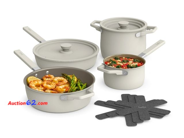 Lot 44-7487g - Bella 9-pirce cookware set, fits-anywhere kitchenware, oatmilk  Appears New with box damage