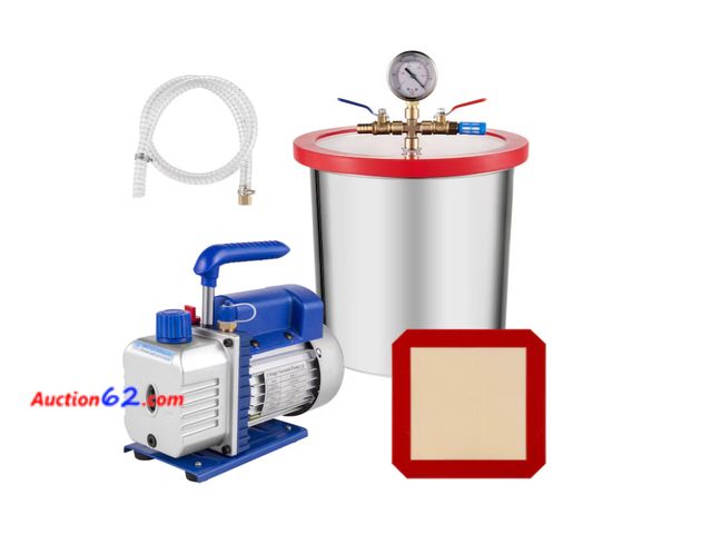 Lot 44-24i - $210 Retail price - VEVOR 3 Gallon Vacuum Chamber Kit Stainless Steel Degassing Chamber 12L Vacuum Degassing Chamber Kit with 3.6 CFM 1 Stag...